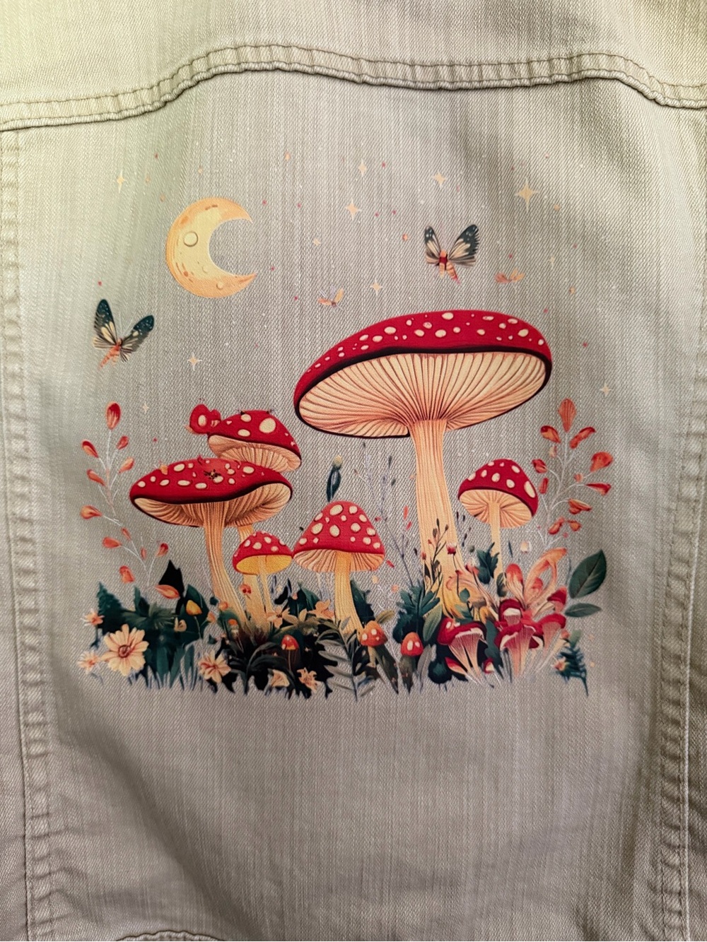 Merona | Large | UpCycled “Bird & Blossom” Boutique Beige Mushroom Denim Jacket - Picture 2 of 11